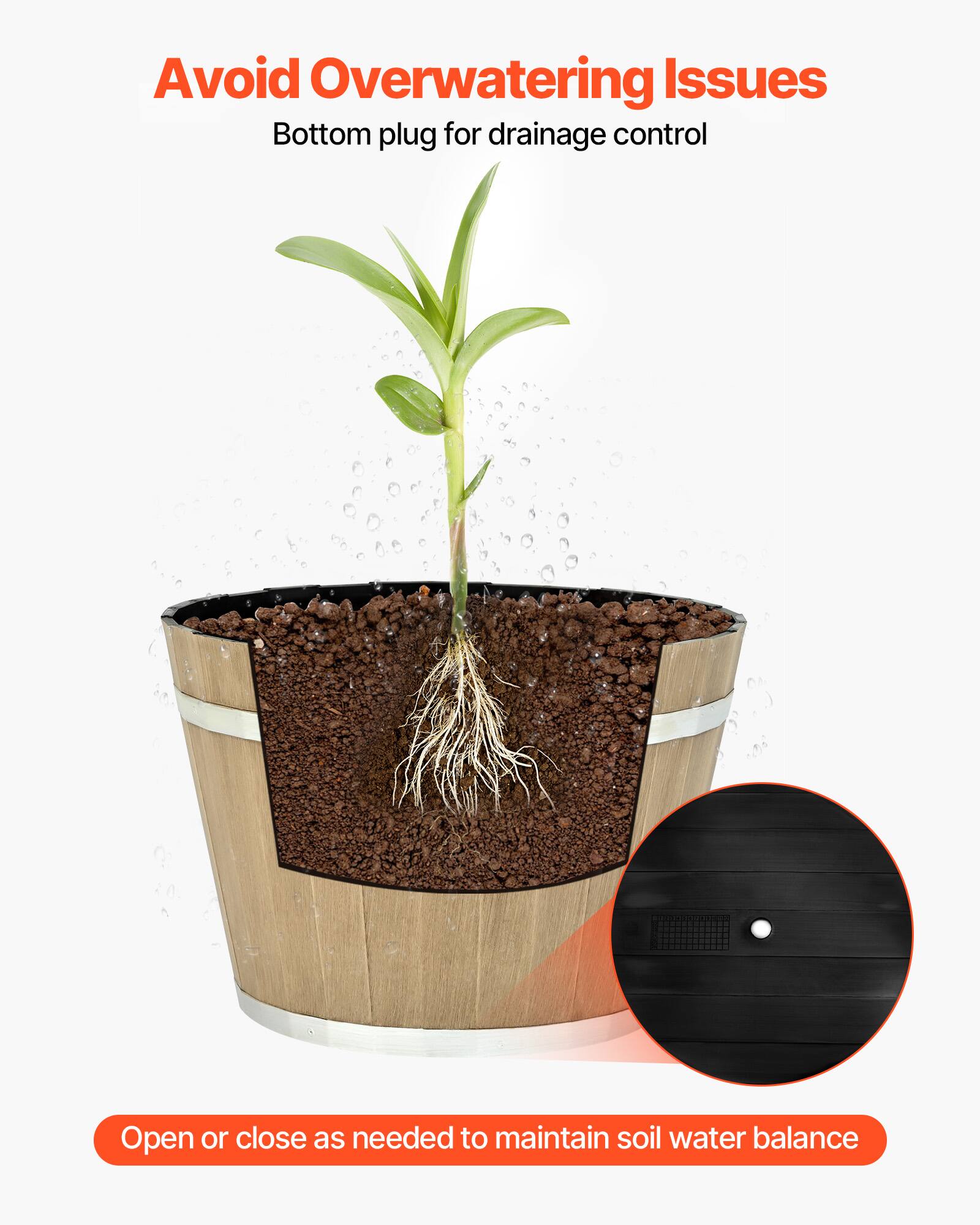 Avoid Overwatering Issues  
Bottom plug for drainage control  

Open or close as needed to maintain soil water balance