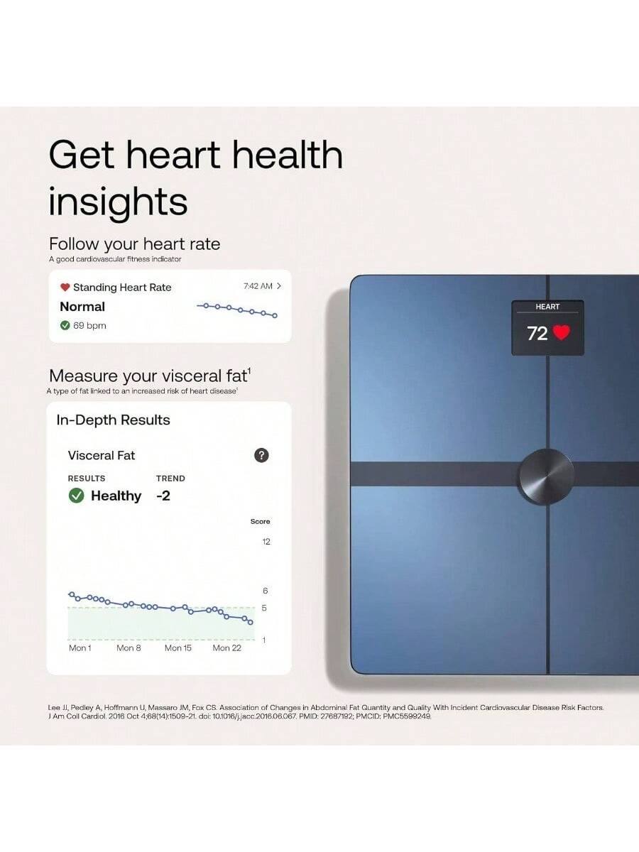 Get heart health insights

Follow your heart rate  
A good cardiovascular fitness indicator

Standing Heart Rate  
Normal  
69 bpm

Measure your visceral fat¹  
A type of fat linked to an increased risk of heart disease

In-Depth Results

Visceral Fat  
RESULTS  
Healthy  
TREND  
-2  
Score  
12

Mon 1 Mon 8 Mon 15 Mon 22

Lee IJ, Pedley A, Hoffmann U, Massaro JM, Fox CS. Association of Changes in Abdominal Fat Quantity and Quality With Incident Cardiovascular Disease Risk Factors. J Am Coll Cardiol. 2018 Oct 4368(14):1509-21. doi: 10.1016/j.jacc.2018.06.067. PMID: 27687122. PMCID: PMC5599248.