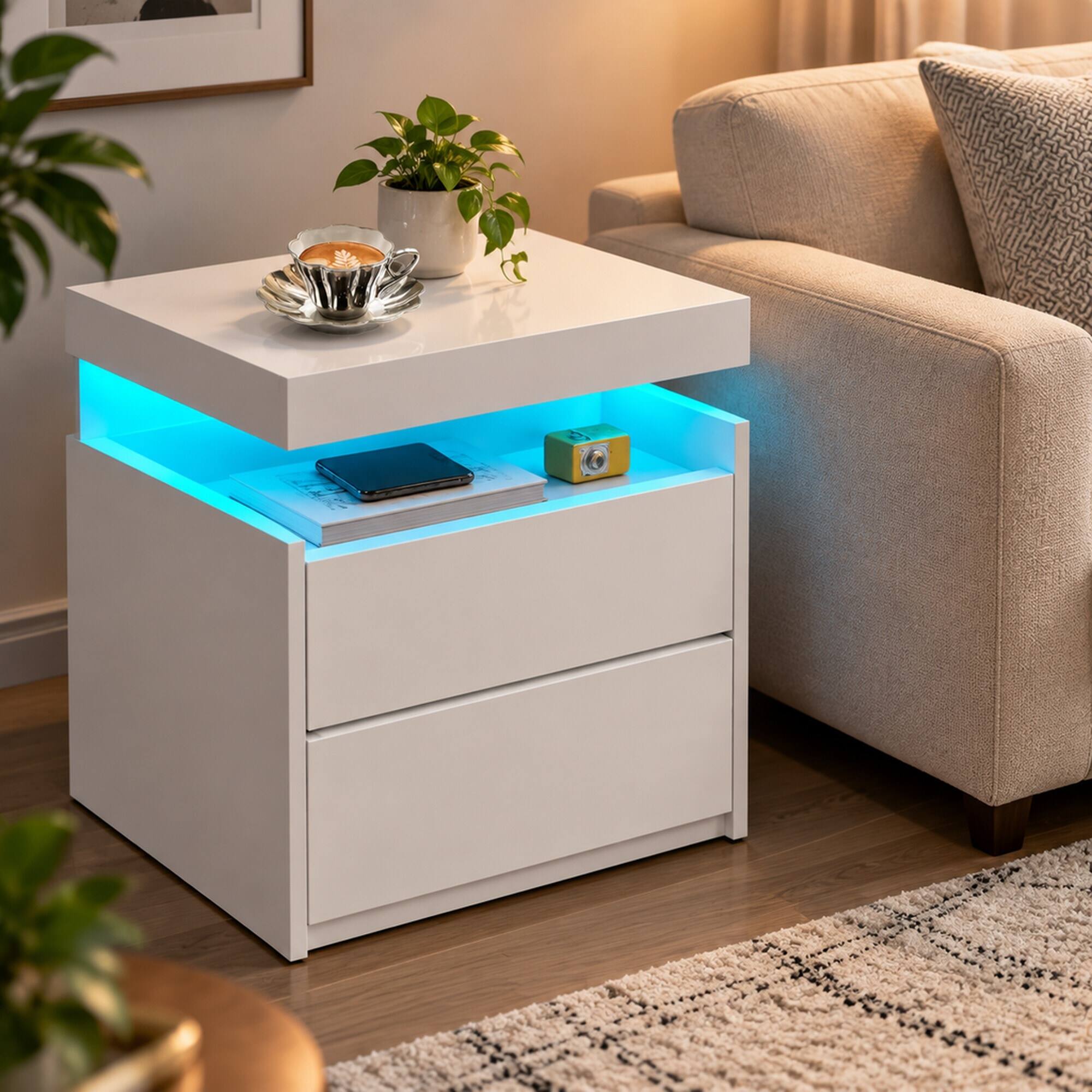 Left. RYHNUYNE - LED Nightstand with 2 Drawers, Modern Bedside Table, Multi-Color Lights, White End Table for Bedroom and Living Room - White.