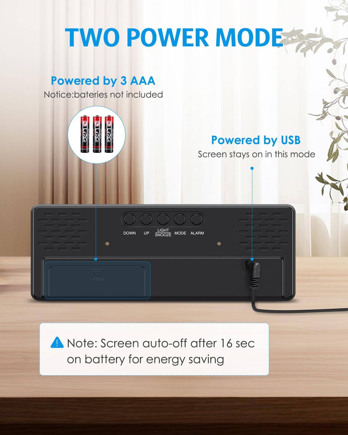 TWO POWER MODE

Powered by 3 AAA  
Notice: batteries not included

Powered by USB  
Screen stays on in this mode

Note: Screen auto-off after 16 sec on battery for energy saving