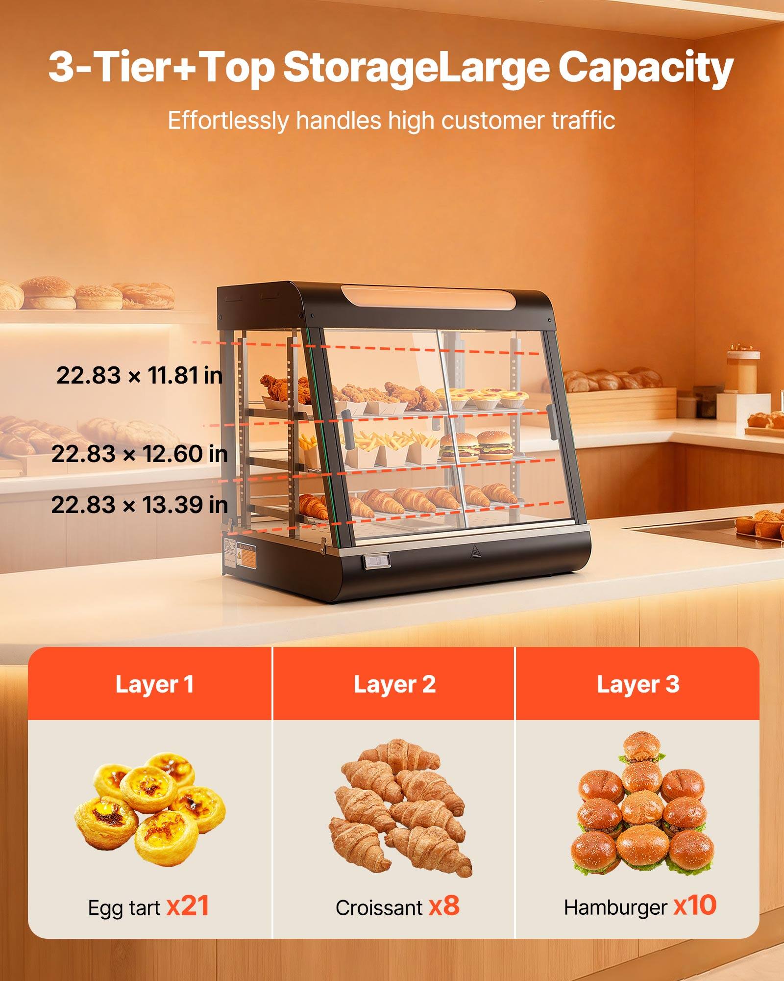 3-Tier+Top Storage Large Capacity  
Effortlessly handles high customer traffic

22.83 X 11.81 in  
22.83 X 12.60 in  
22.83 X 13.39 in

Layer 1  
Egg tart x21

Layer 2  
Croissant x8

Layer 3  
Hamburger x10