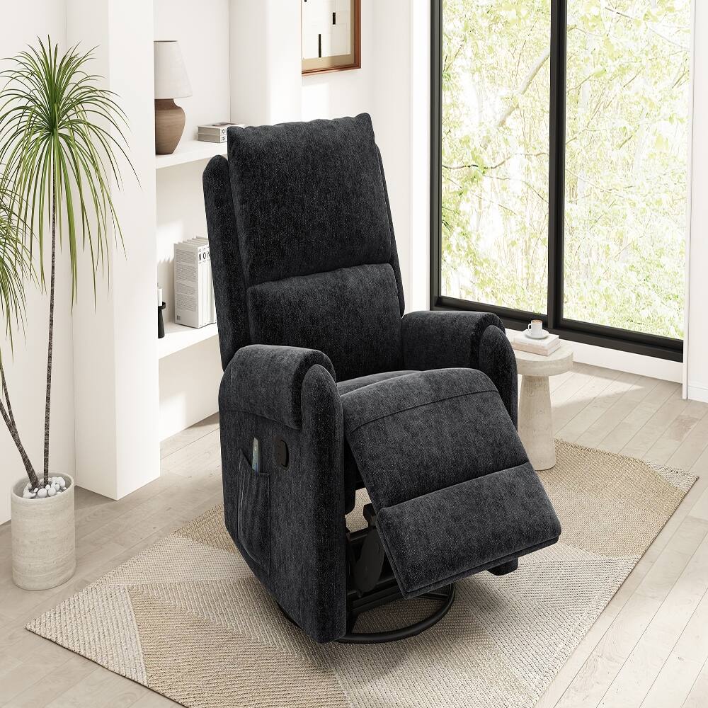 Left. Ropilly - Ropilly Black Massage Recliner Chair, Swivel Rocker Nursery Recliner with Side Pocket, Chenille Manual Recliner Sofa - Black.