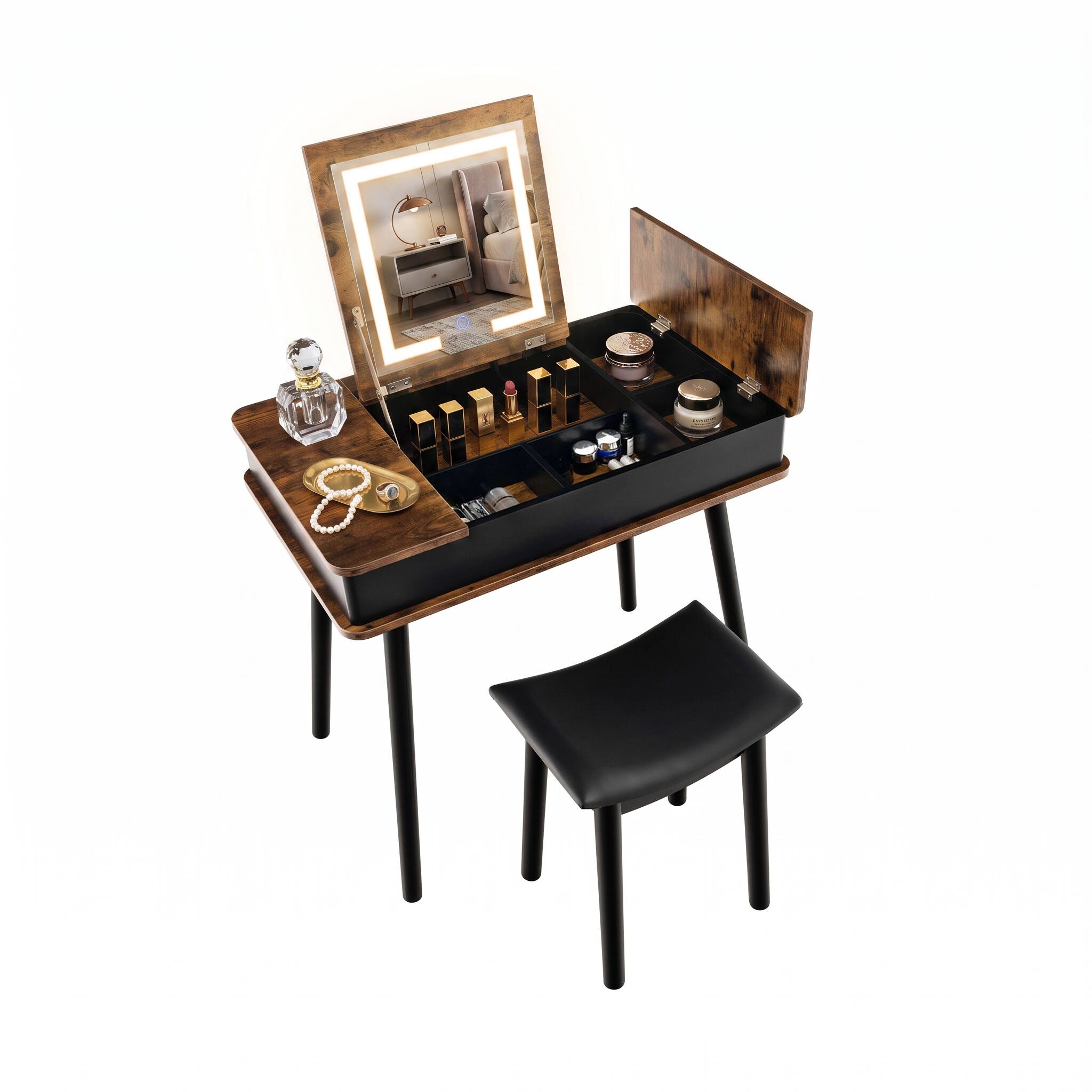Left. WELLFOR - Flip‑Top Makeup Vanity Table Set with 3‑Color LED Lighted Mirror, USB Charging Port and PU Padded Stool for Bedroom - Brown.