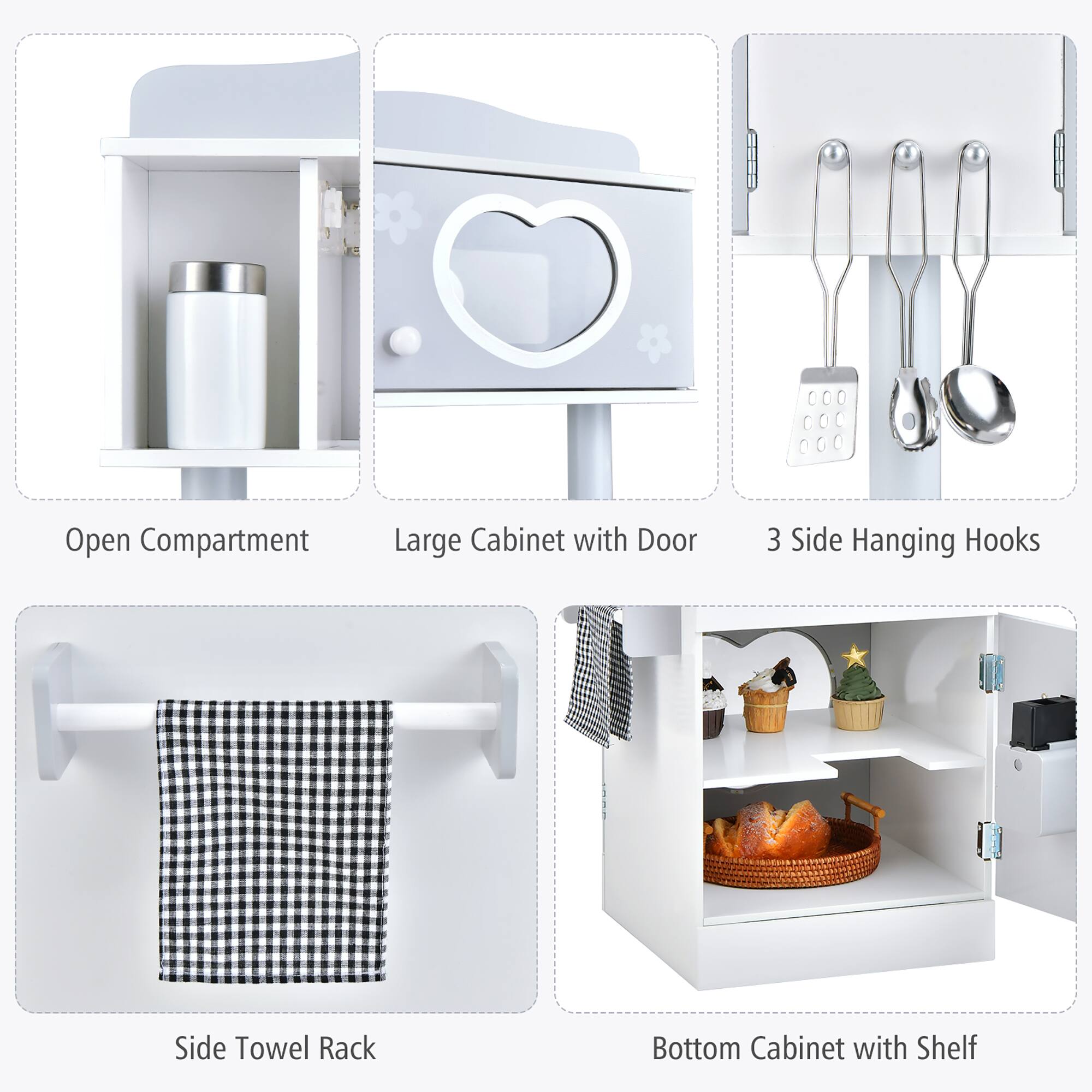 - Open Compartment
- Large Cabinet with Door
- 3 Side Hanging Hooks
- Side Towel Rack
- Bottom Cabinet with Shelf