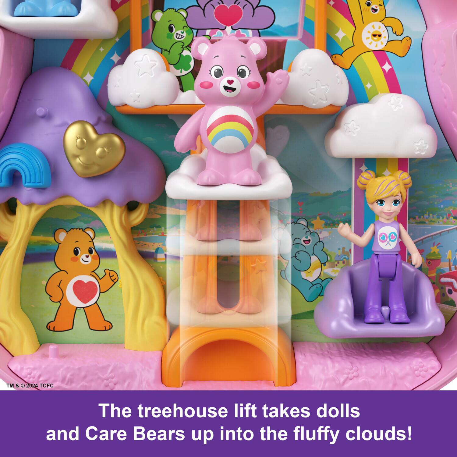 The treehouse lift takes dolls and Care Bears up into the fluffy clouds!