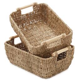 Casafield - Hyacinth Seagrass Oval Storage Baskets with Wooden Handles - Woven Bins - Natural - Seagrass