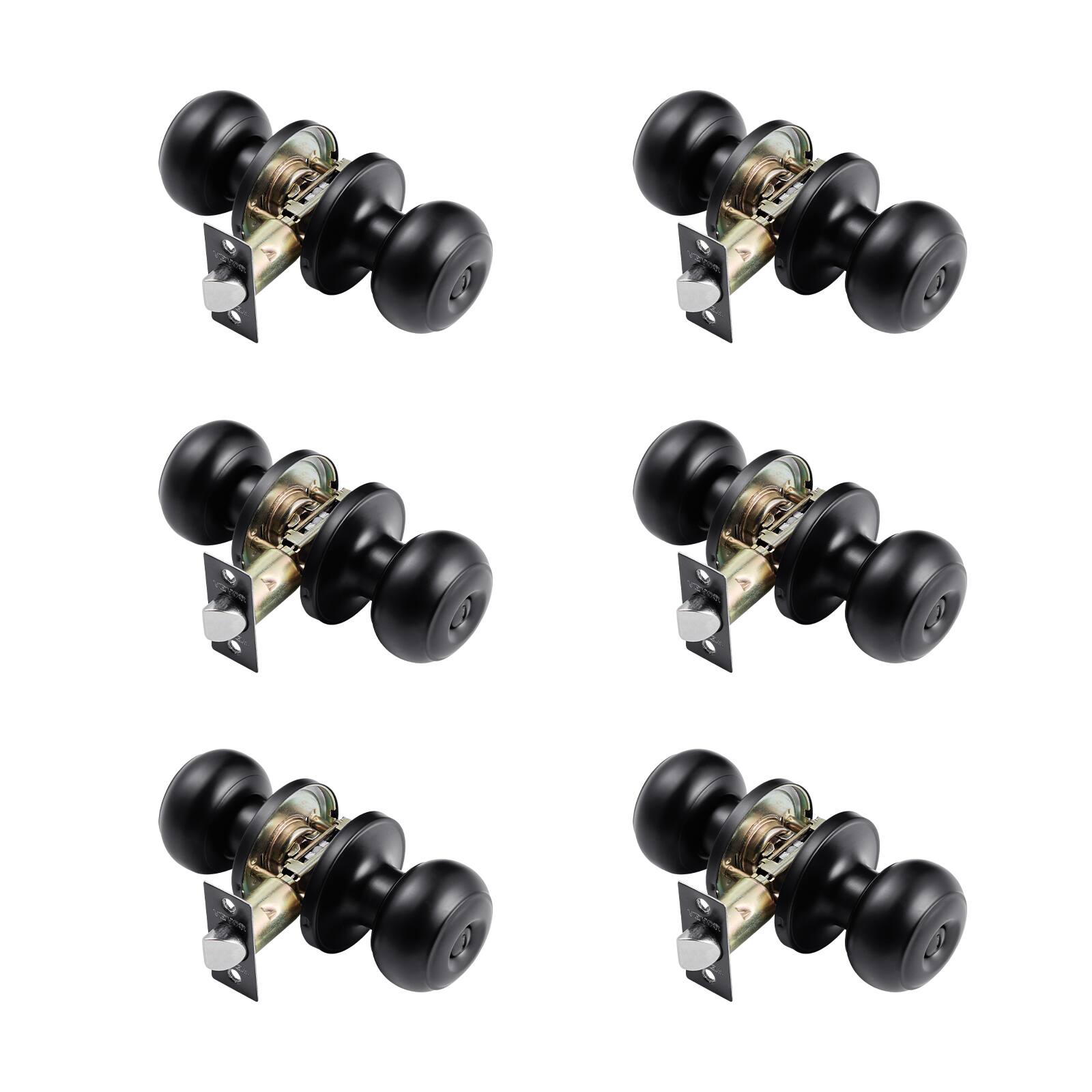 VEVOR - 6 Pack Door Knobs, Privacy Door Knob with Round Ball, Keyless Exterior & Thumb Turn Lock Interior - Black