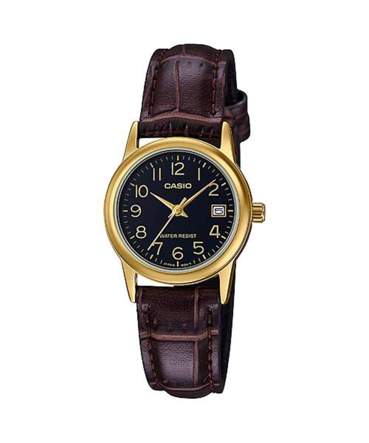 Casio- Women’s Gold Watch with Black Dial and Leather Band- LTP-V002GL-1B- Brown
