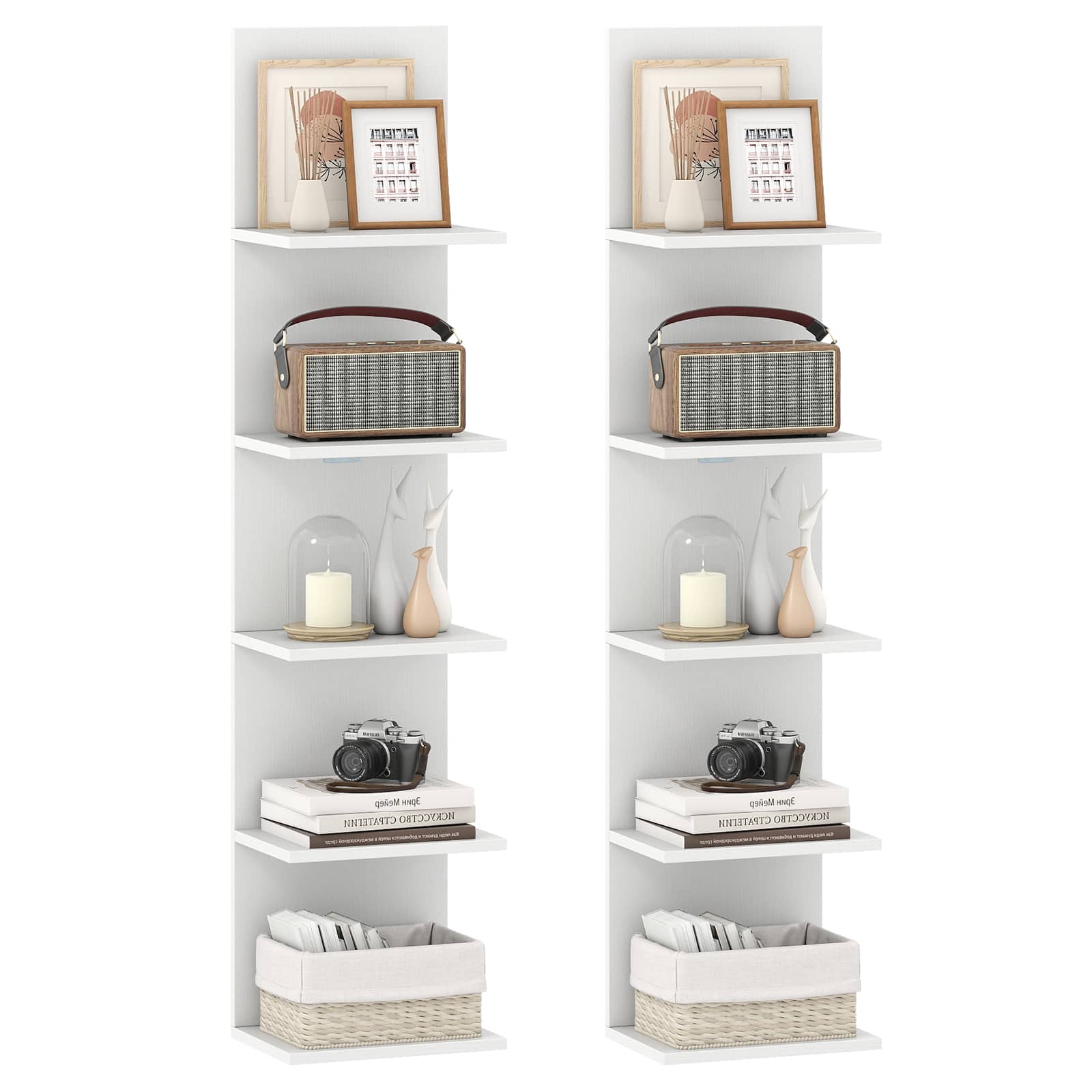 Costway - 2 PCS 5-Tier Wall Shelves Vertical Floating Storage Shelf Unit Wall-Mounted Organizer - White