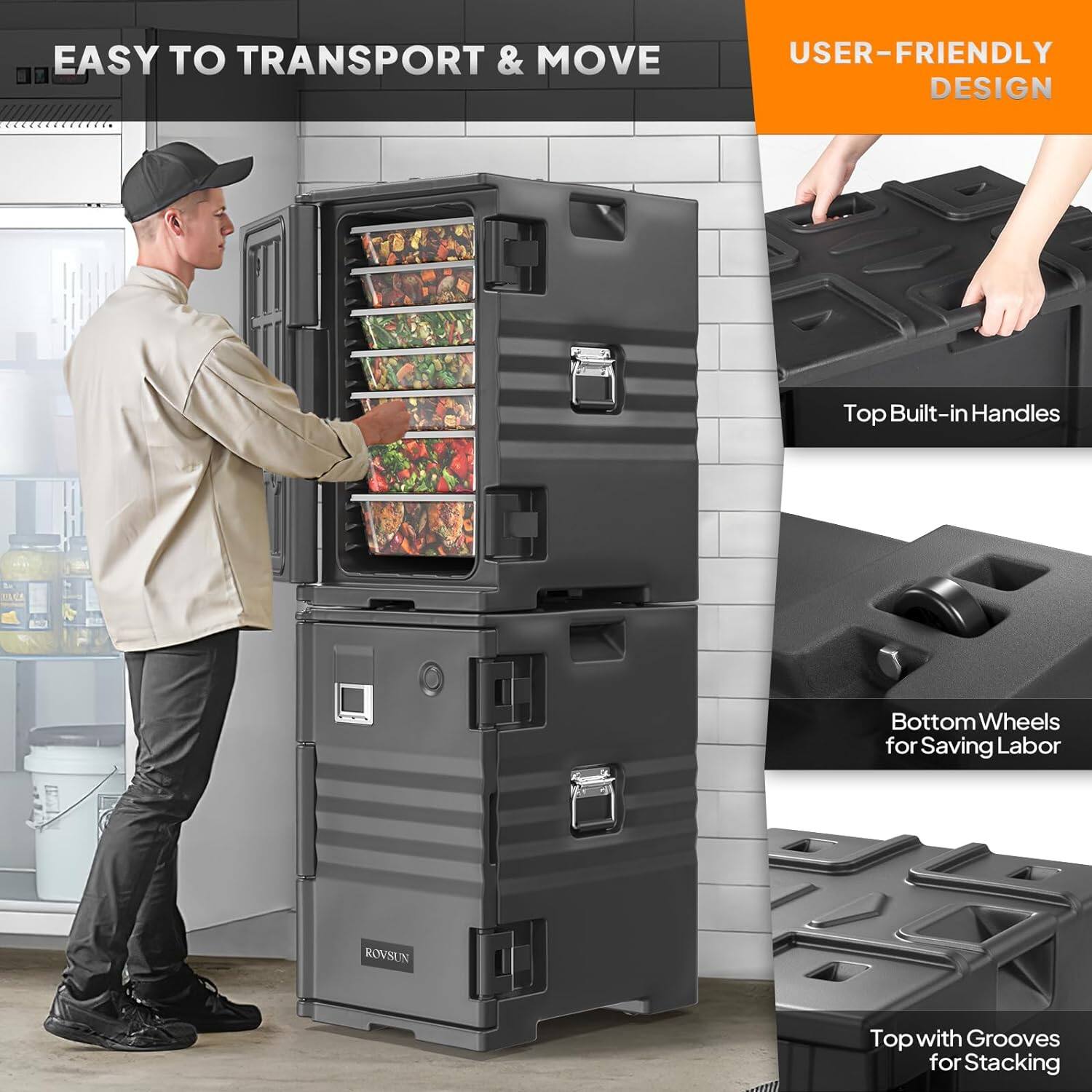 EASY TO TRANSPORT & MOVE

USER-FRIENDLY DESIGN

Top Built-in Handles

Bottom Wheels for Saving Labor

Top with Grooves for Stacking