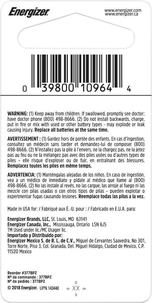 Alt View 14. Energizer - 377 Batteries (1 Pack), Silver Oxide Button Cell Batteries - Silver.