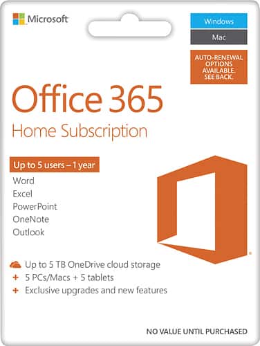 Office 365 Home, 1-year subscription, 5 PCs/Macs (Product Key Card) - Android|Mac|Windows|iOS - Larger Front