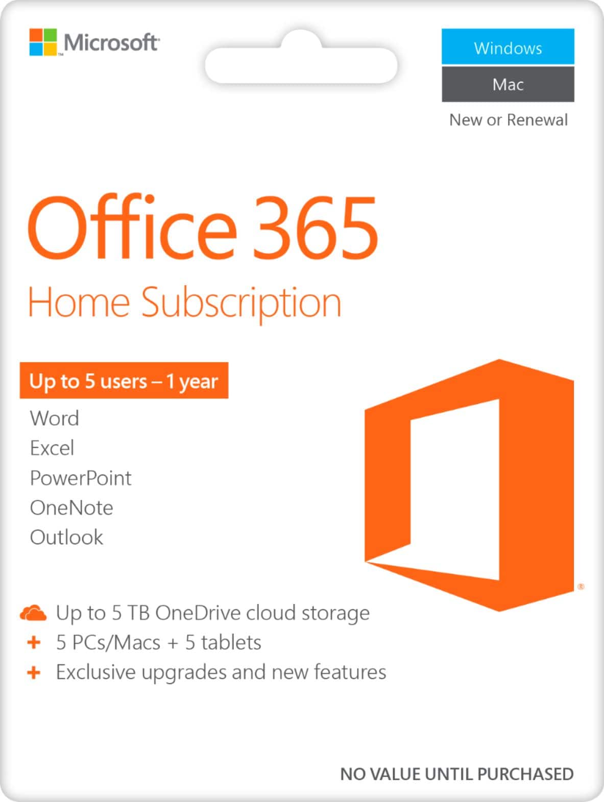 Front. Microsoft - Microsoft 365 Family, 1-year subscription, 5 PCs/Macs (Product Key Card) - White.