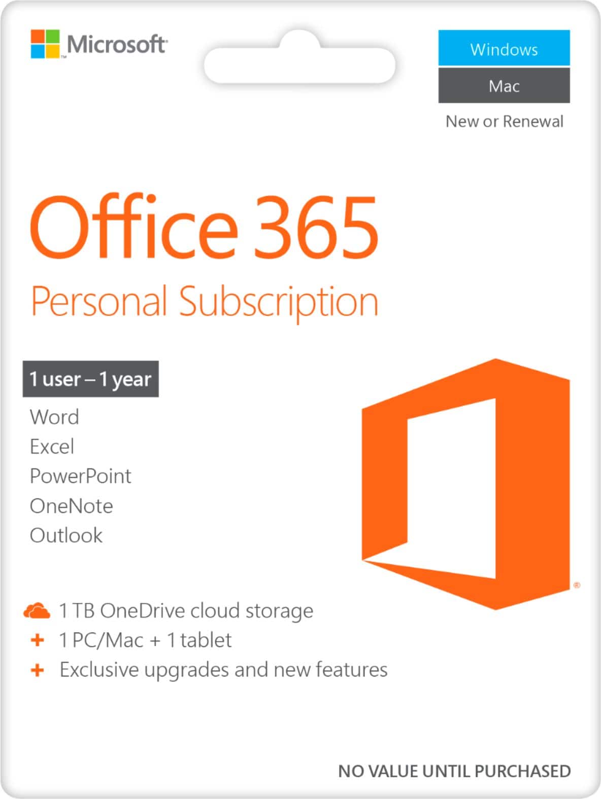 Front. Microsoft - Microsoft 365 Personal, 1-year subscription, 1 PC/Mac (Product Key Card) - White.