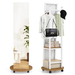 Costway - Coat Rack with Full Length Mirror, 3 Hooks & Storage Shelves, 360° Swivel Wheels - White,Natural