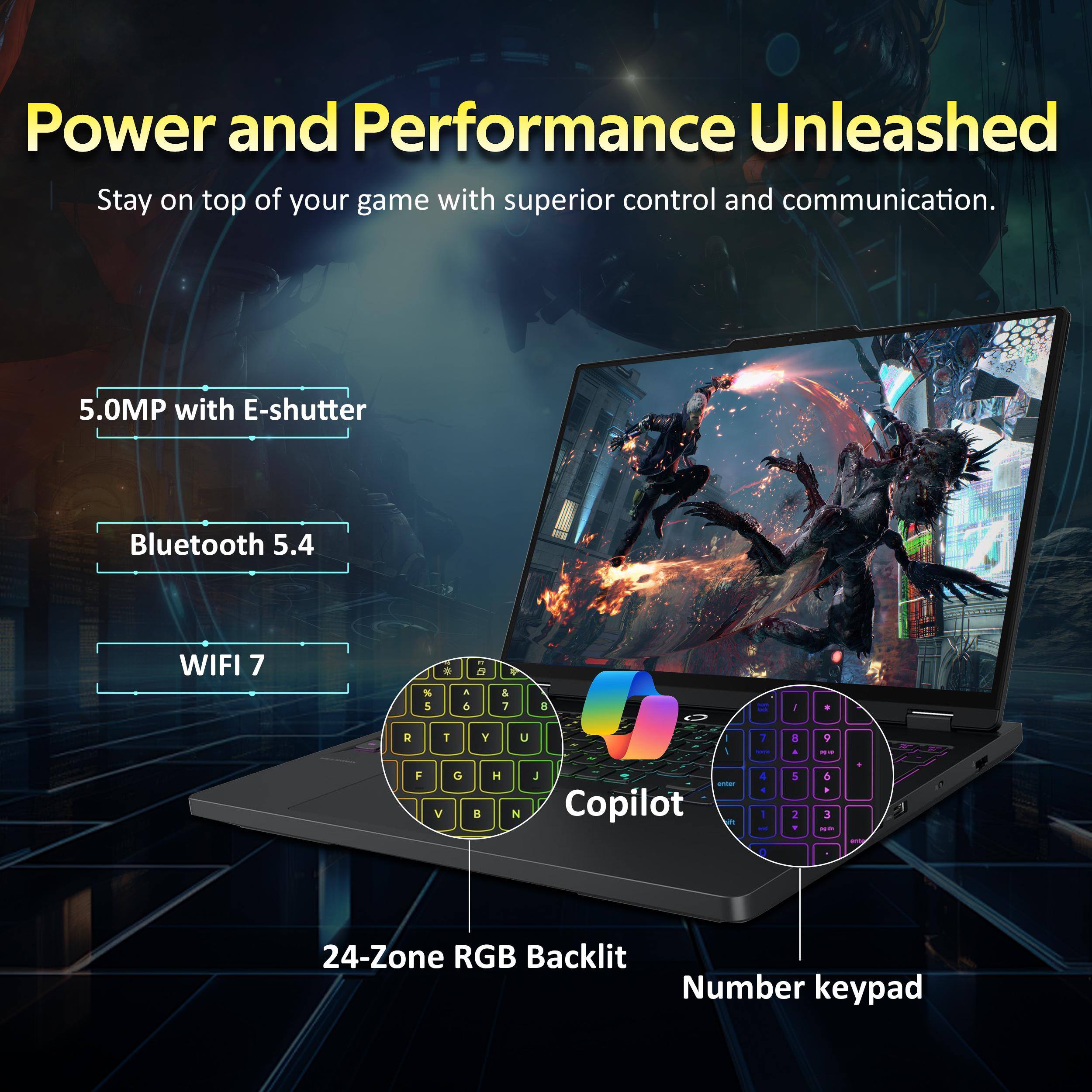 Power and Performance Unleashed  
Stay on top of your game with superior control and communication.  

5.0MP with E-shutter  
Bluetooth 5.4  
WIFI 7  

24-Zone RGB Backlit Number keypad  
Copilot