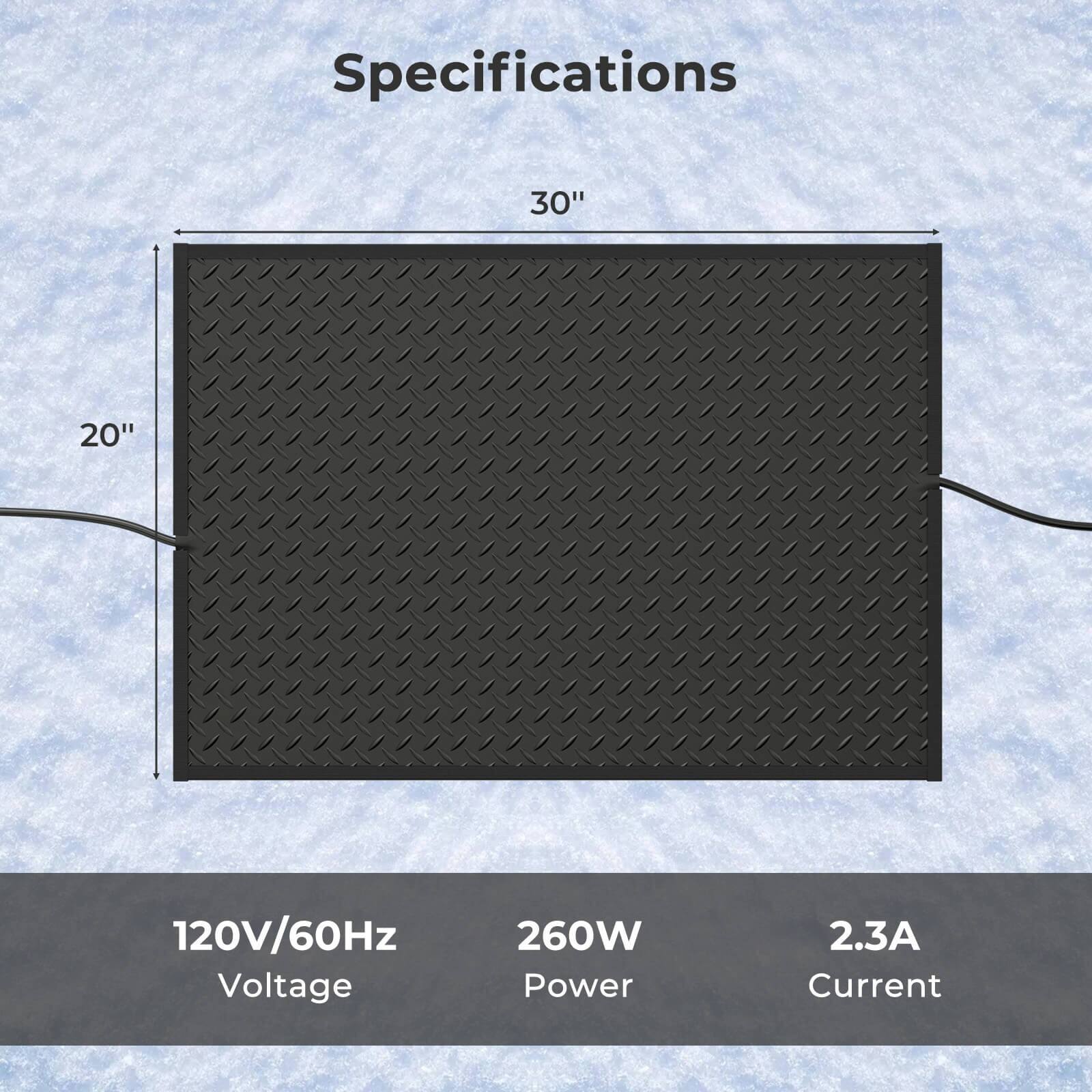 Specifications:

* 30" screen size
* 20" depth
* 120V/60Hz voltage
* 260W power
* 2.3A current