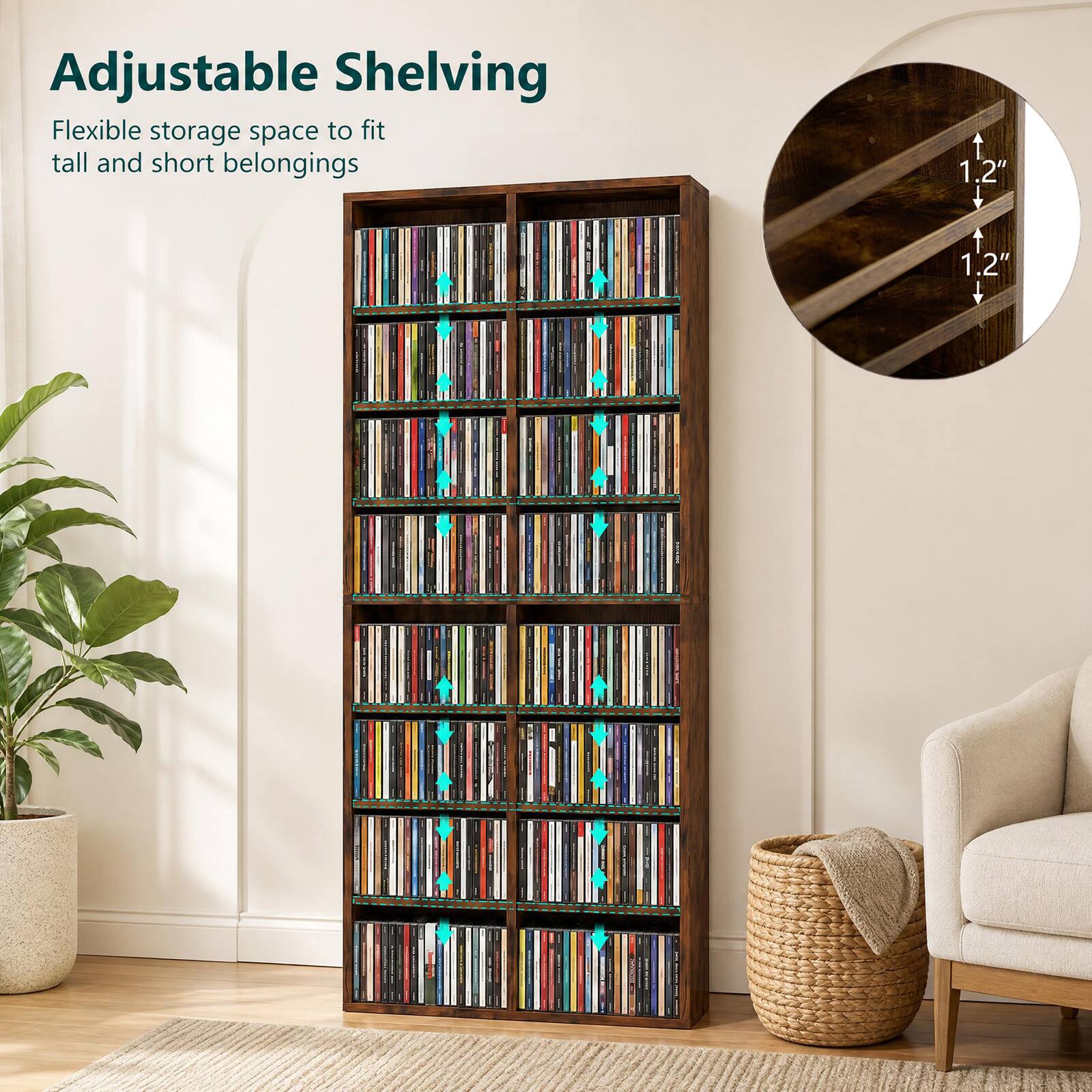 Adjustable Shelving  
Flexible storage space to fit tall and short belongings  
1.2"  
1.2"