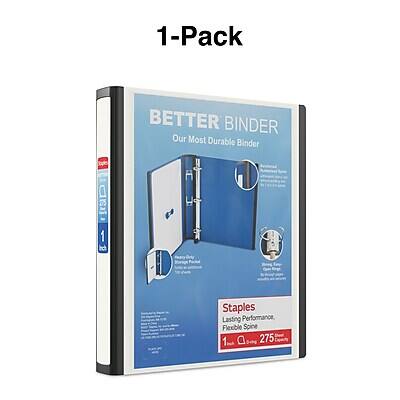 1-Pack  
BETTER BINDER  
Our Most Durable Binder  

Staples  
Lasting Performance  
Flexible Spine  
1" Capacity  
275 Sheets