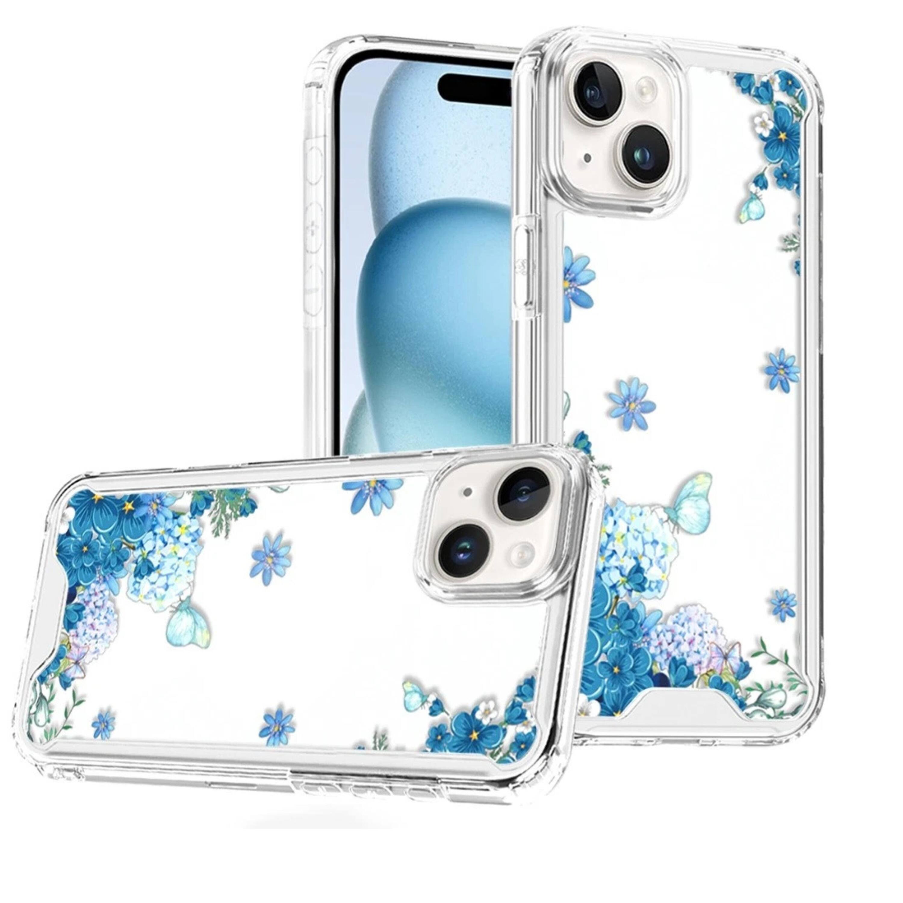 Angle. Kitcheniva - Trendy Cute Print Clear TPU Protective Phone Case With 2 Tempered Glass For iPhone 15 Blue Floral - White.