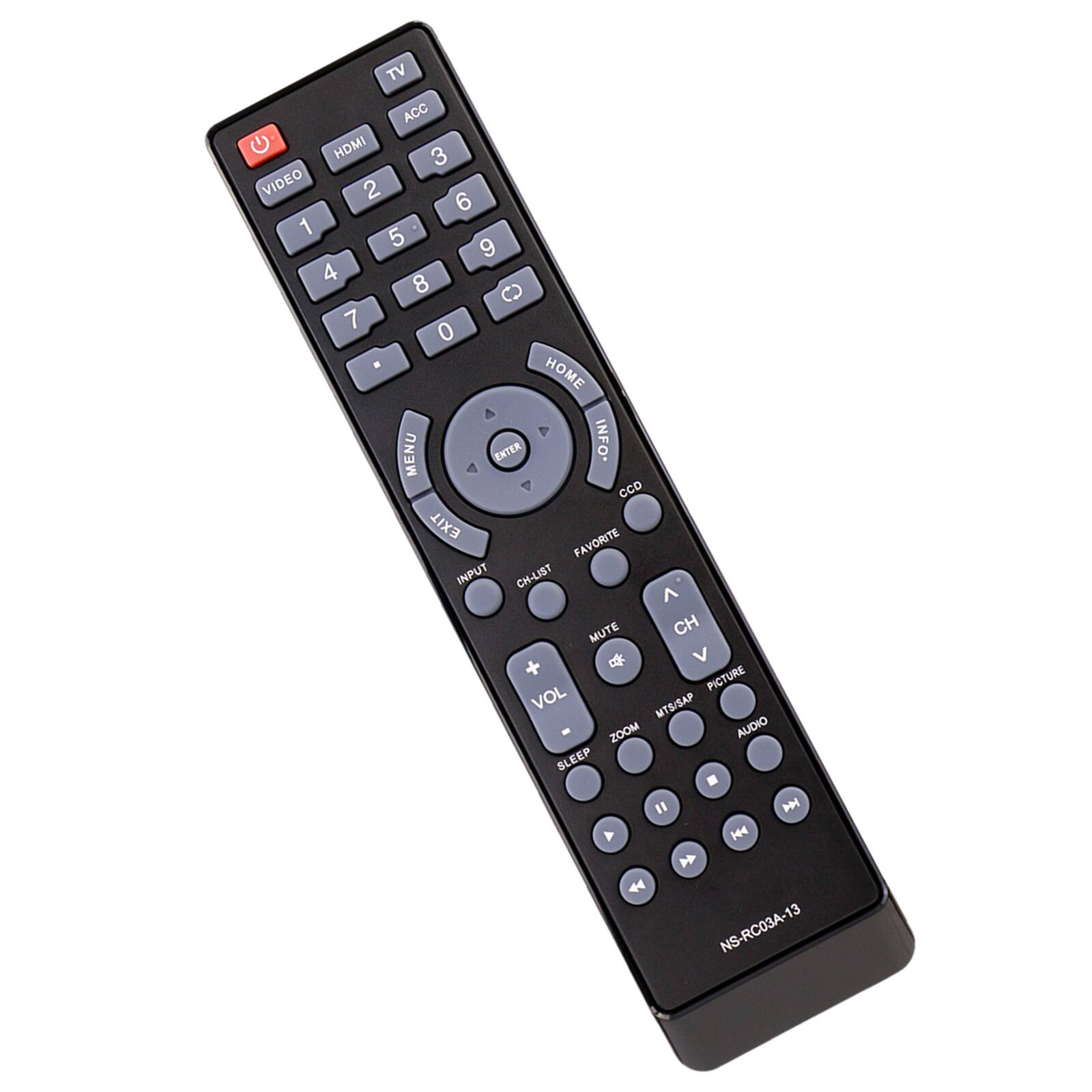 TV ACC HDMI 3 VIDEO 2 6 1 5 9 4 8 7 0 HOME MENU ENTER INFO* CCD EXIT FAVORITE INPUT CH-LIST ^ MUTE CH  PICTURE VOL MTS/SAP ZOOM AUDIO SLEEP . " P > HH  NS-RC03A-13