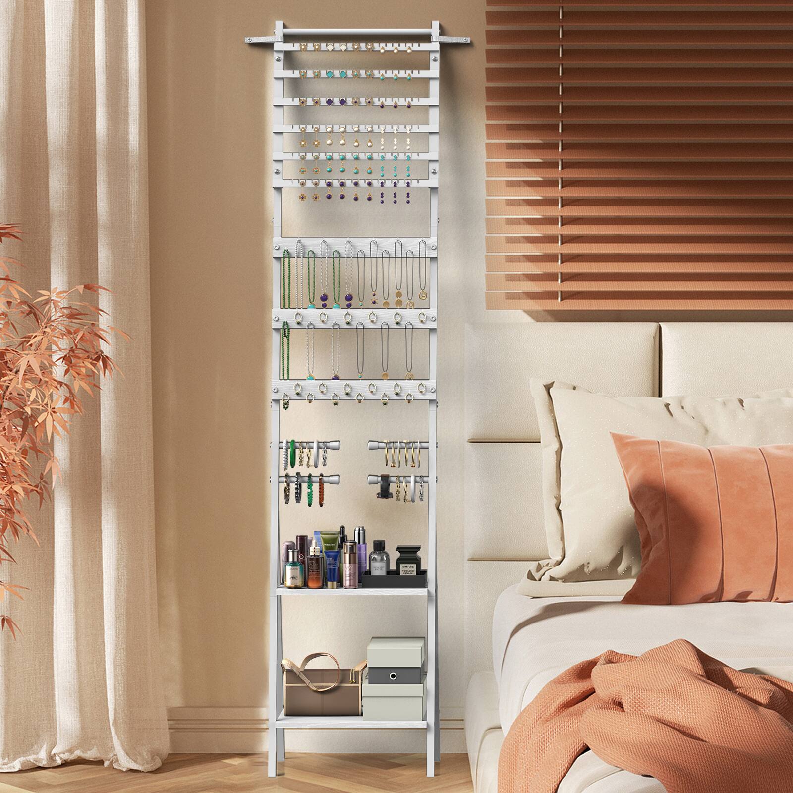 Angle. Oumilen - Leaning Jewelry Storage Ladder Rack, White Wood Metal Freestanding Earring Necklace Bracelet Organizer - White.