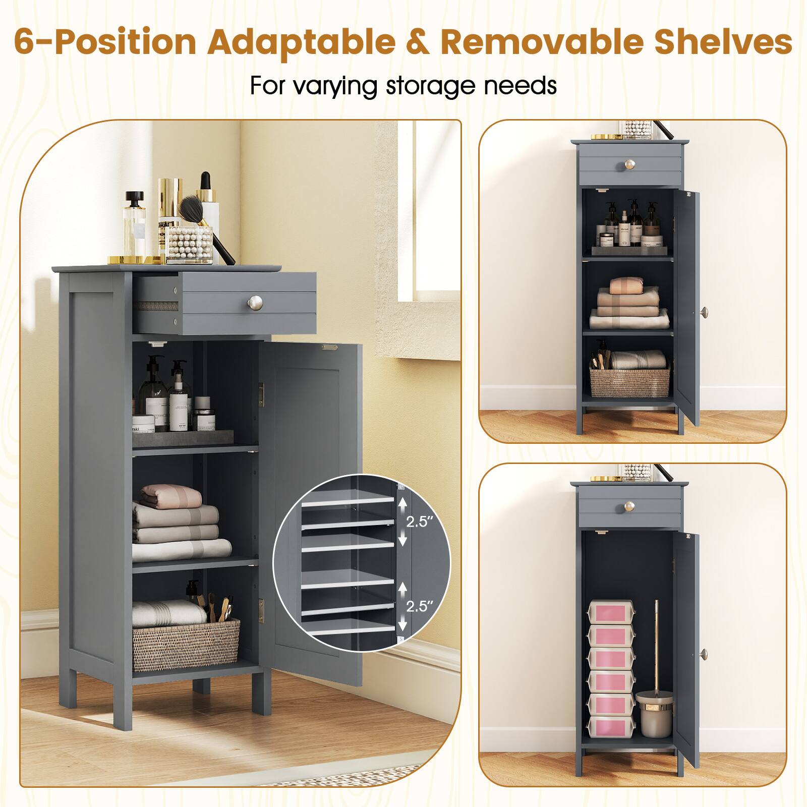 6-Position Adaptable & Removable Shelves  
For varying storage needs  
2.5"  
2.5"