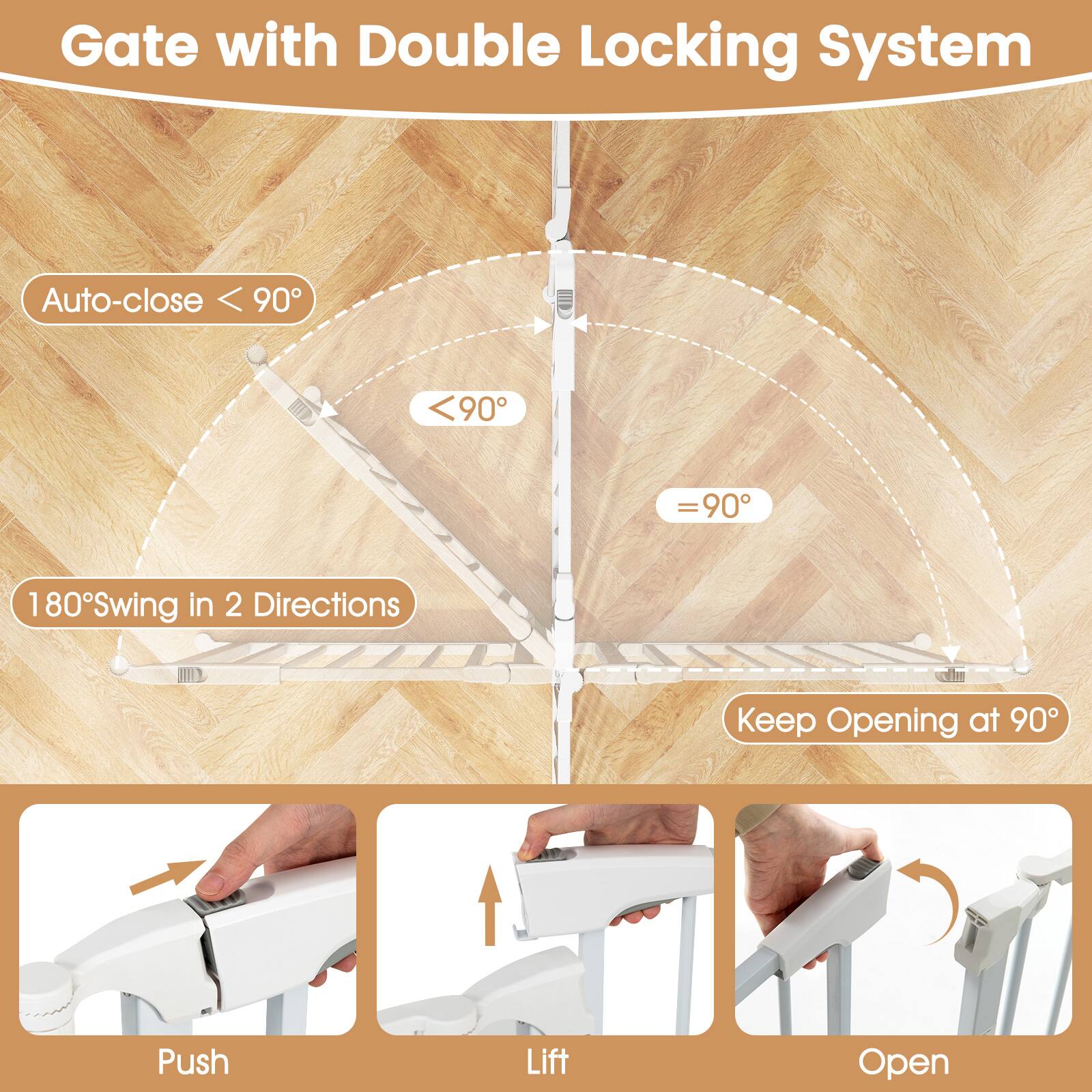 Gate with Double Locking System

- Auto-close < 90°
- 180° Swing in 2 Directions
- Keep Opening at 90°

Push
Lift
Open