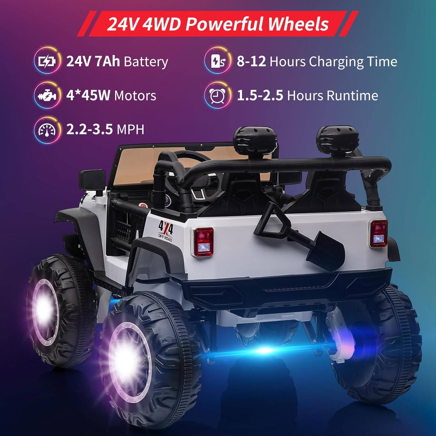 24V 4WD Powerful Wheels

- 24V 7Ah Battery
- 4 * 45W Motors
- 2.2-3.5 MPH
- 8-12 Hours Charging Time
- 1.5-2.5 Hours Runtime