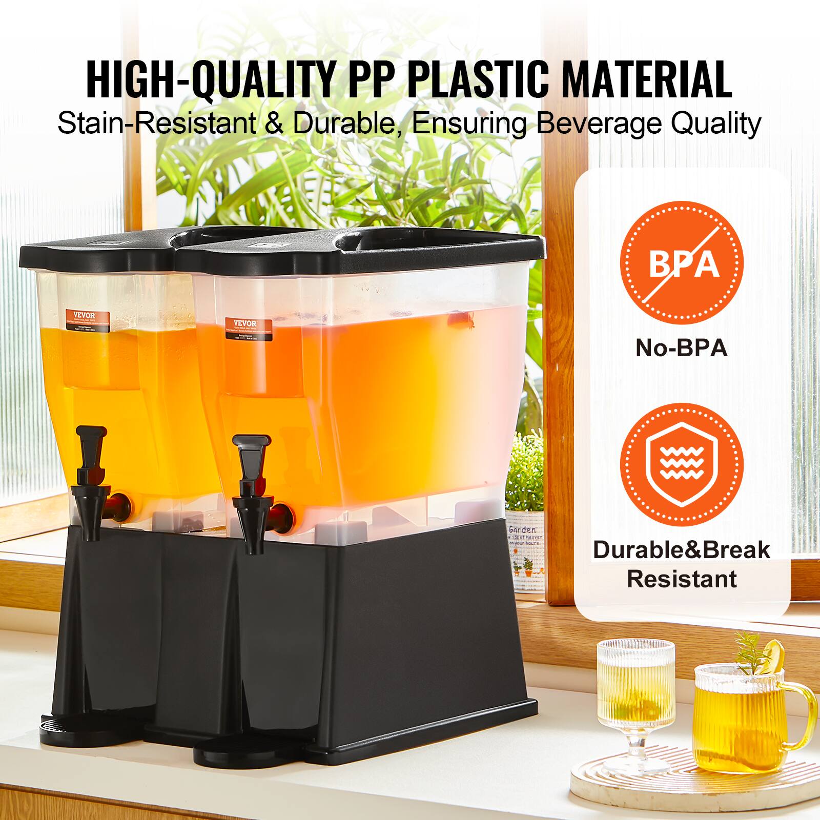 HIGH-QUALITY PP PLASTIC MATERIAL  
Stain-Resistant & Durable, Ensuring Beverage Quality  

No-BPA  

Durable & Break Resistant