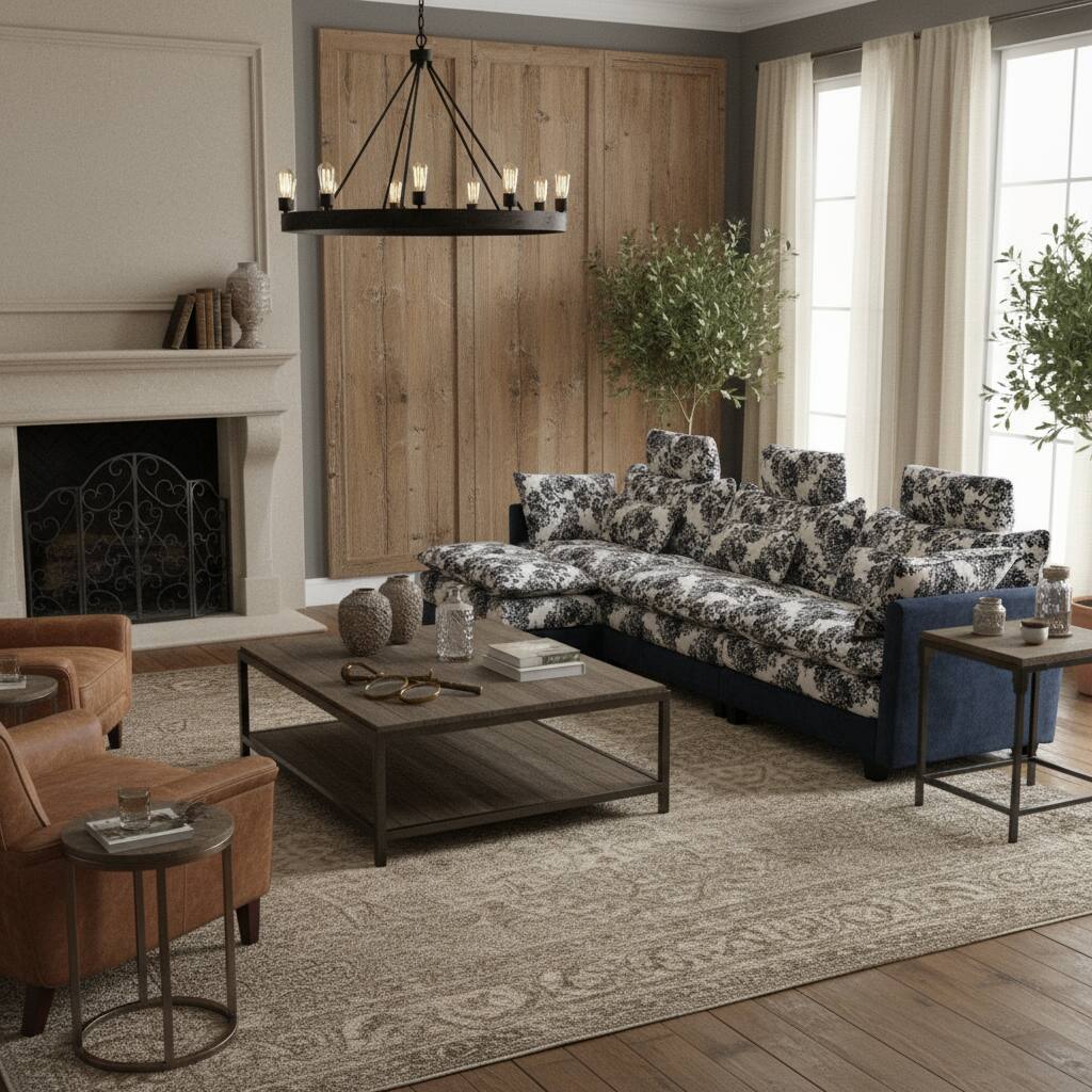 Alt View 4. Homsee - Vintage Floral Chenille Sectional Sofa, 4-Seater L-Shaped Couch with High Backrest, Spring Support & Plush Pillows - Dark Blue.