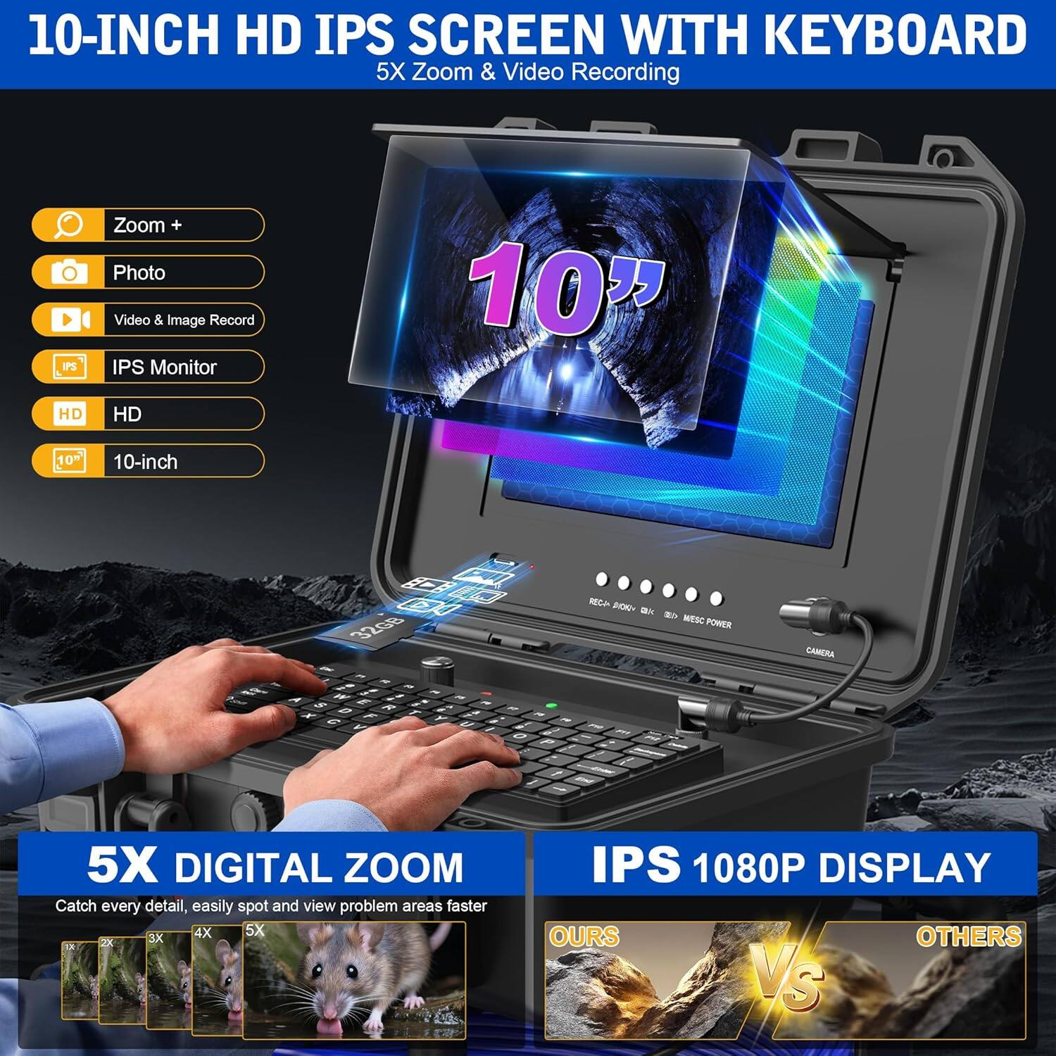 Alt View 1. Aukfa - Sewer Camera - 10" HD Borescope, Self-Leveling, IP68, 200Ft 7MM Cable, DVR, 5X Zoom, 32GB.