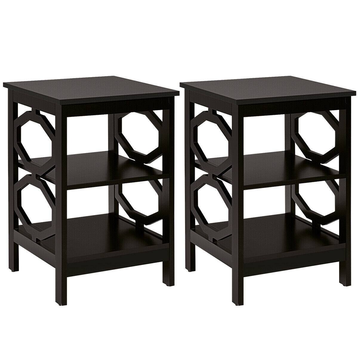 Front. Sugift - 2 Pieces 3-Tier Nightstand Sofa Side End Table with Storage Display Shelf - Dark Brown.