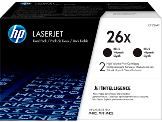 LASERJET hp LASERJET Dual Pack / Pack de Deux / Pack Doble CF226XF 26x Black Black
Siyah Siyah High Volume Print Cartridges 2 Yüksek Hacimli Yazıcı Kartuşları
JETINTELLIGENCE
More. Pages, performance and protection.
Daha Fazlasi. Sayfalar, performans ve koruma.
HP LASERJET PRO M402, MFP M426