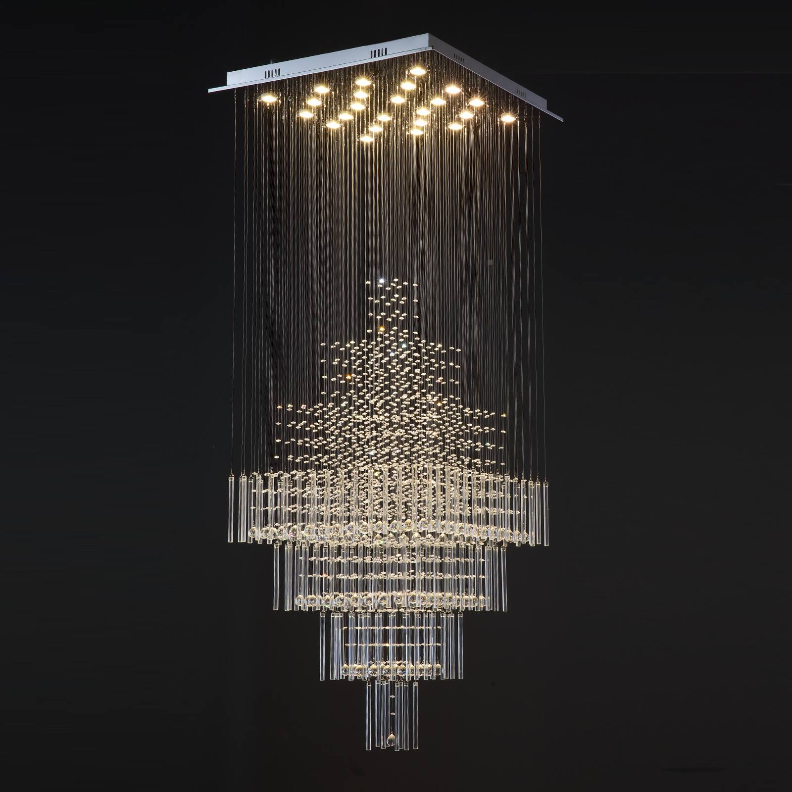Alt View 4. Siljoy - 31.5-Inch Modern Minimalist Square Layered Glass Chandelier with K9 Clear Handmade Crystal for Stairwells and Foyers - Chrome.