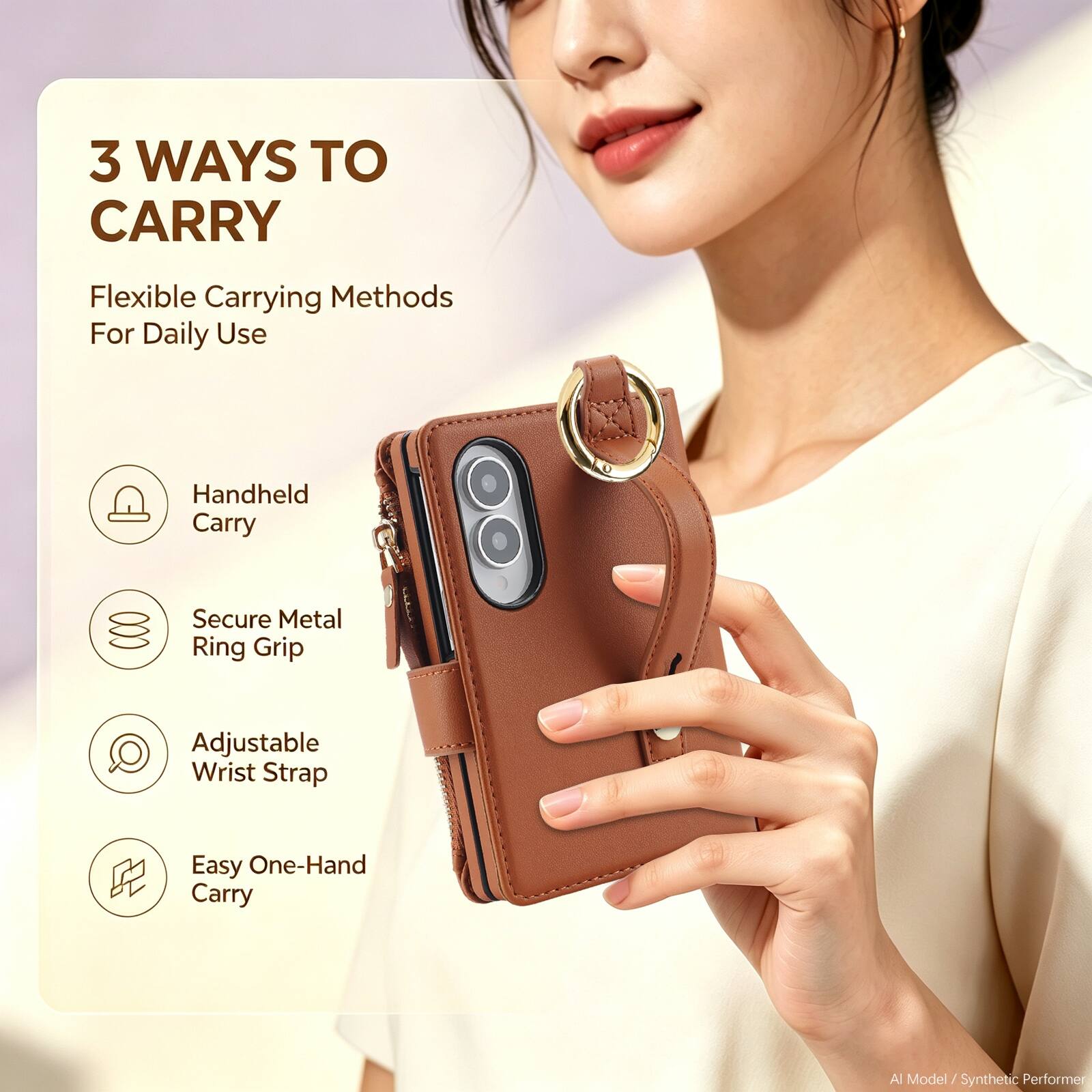 3 WAYS TO CARRY  
Flexible Carrying Methods For Daily Use  
- Handheld Carry  
- Secure Metal Ring Grip  
- Adjustable Wrist Strap  
- Easy One-Hand Carry  

AI Model / Synthetic Performer