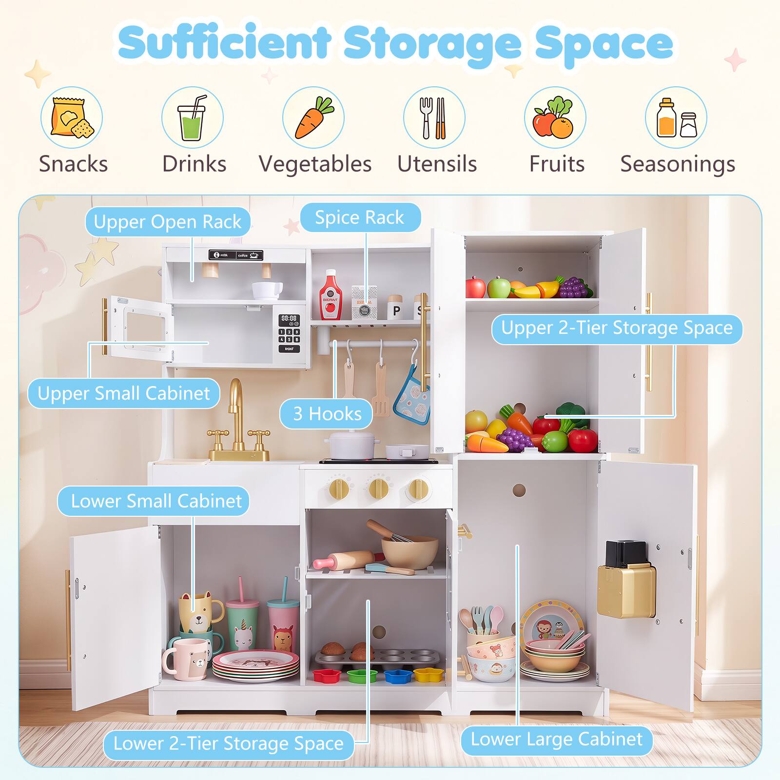 Sufficient Storage Space

- Snacks
- Drinks
- Vegetables
- Utensils
- Fruits
- Seasonings

Upper Open Rack
Spice Rack

Upper 2-Tier Storage Space
Upper Small Cabinet
3 Hooks
Lower Small Cabinet
Lower 2-Tier Storage Space
Lower Large Cabinet