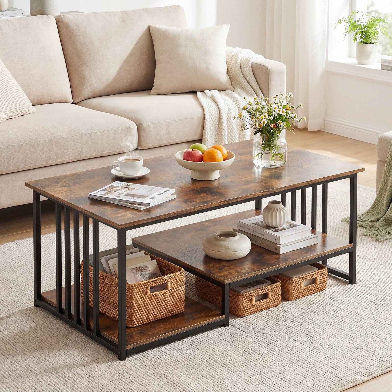 Alt View 1. Gymax - Gymax 2-Tier Coffee Table 43.5'' Industrial Rectangle Center Table w/Open Storage Shelf Rustic Brown & Black - Brown.