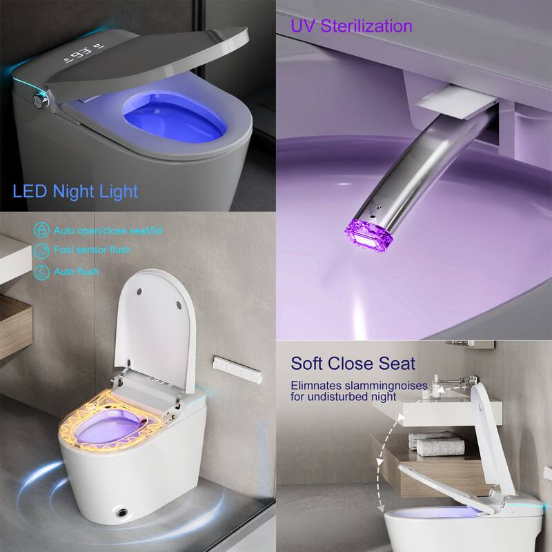 - LED Night Light
  - Auto open/close seat/lid
  - Foot sensor flush
  - Auto flush

- UV Sterilization

- Soft Close Seat
  - Eliminates slamming noises for undisturbed night