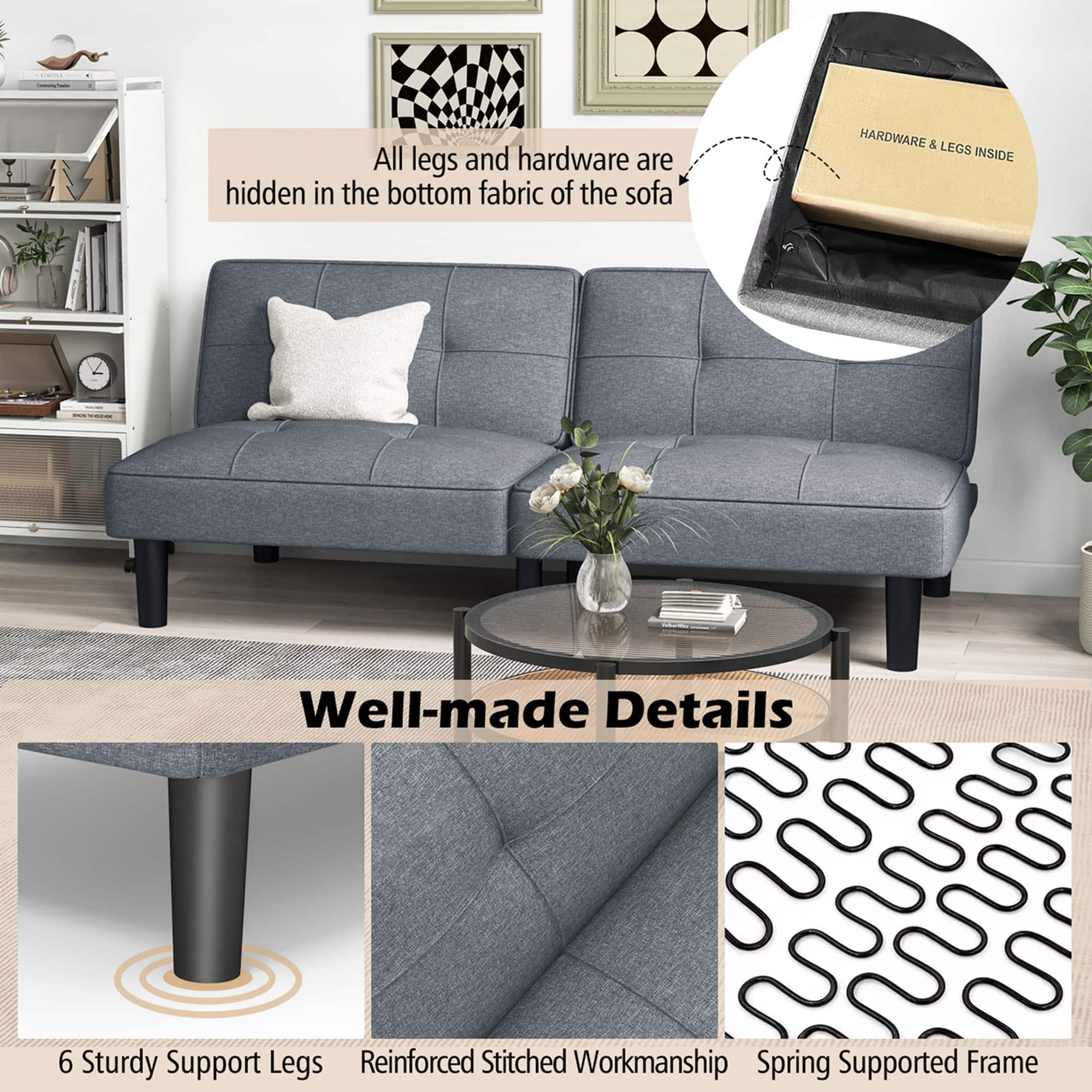 The text on the image is grouped and corrected as follows:
"All legs and hardware are hidden in the bottom fabric of the sofa. Well-made Details: 6 Sturdy Support Legs, Reinforced Stitched Workmanship, Spring Supported Frame."