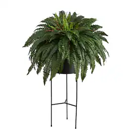 BreeBe - 51" Boston Fern Artificial Plant in Black Planter with Stand - Green