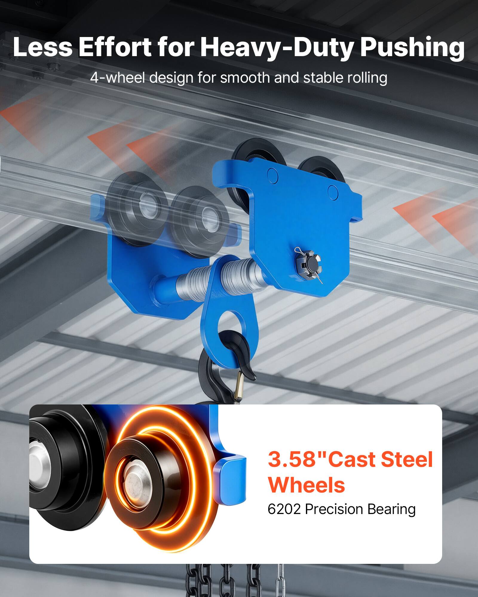 Less Effort for Heavy-Duty Pushing  
4-wheel design for smooth and stable rolling  
3.58" Cast Steel Wheels  
6202 Precision Bearing