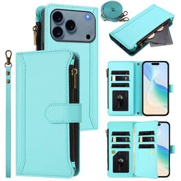 UUCOVER - Wallet Case for Apple iPhone 17 Pro Max with Zipper Pocket, Cash Card Slots, Wrist and Shoulder Strap, Flip Stand Cover - Mint