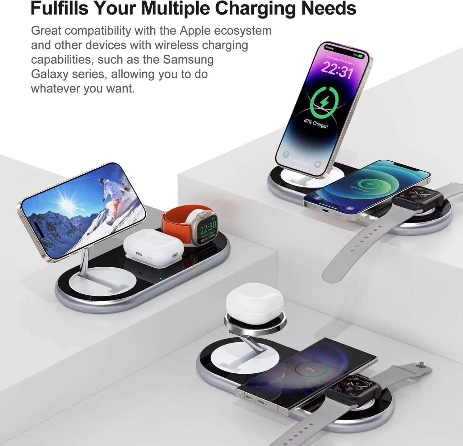 Fulfills Your Multiple Charging Needs

Great compatibility with the Apple ecosystem and other devices with wireless charging capabilities, such as the Samsung Galaxy series, allowing you to do whatever you want.