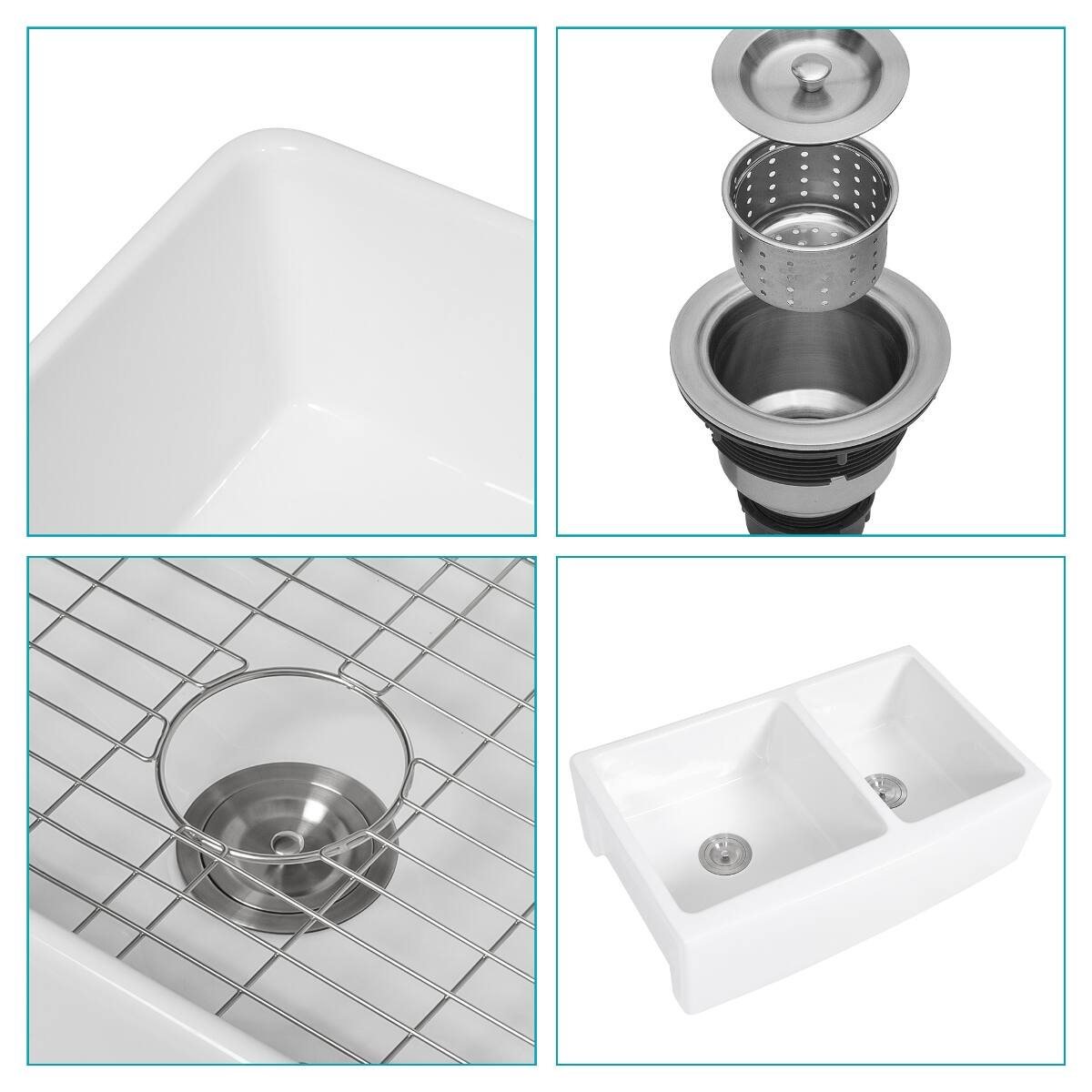 Alt View 1. Ropilly - Ropilly 33 inch white farmhouse sink ceramic double bowl apron front kitchen sink with dish grids and strainers - White.