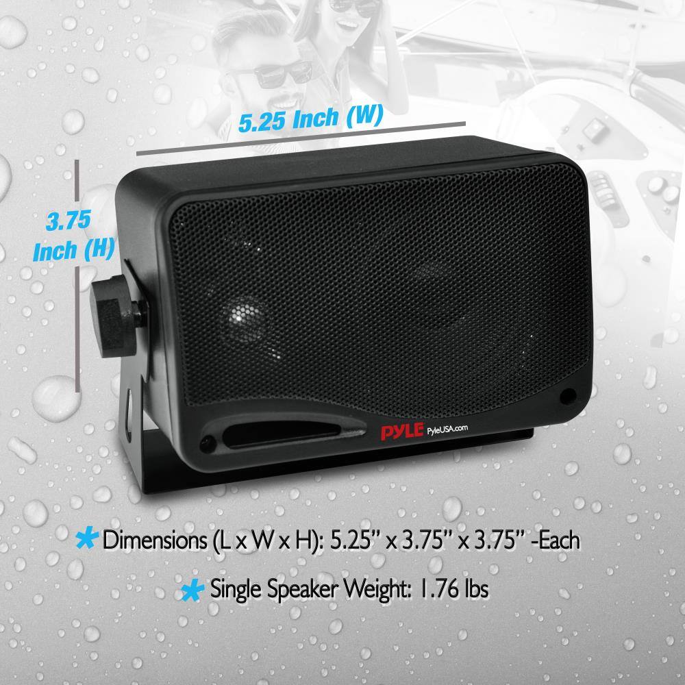 5.25 Inch (W)  
3.75 Inch (H)  

Dimensions (L x W x H): 5.25" x 3.75" x 3.75" - Each  
Single Speaker Weight: 1.76 lbs  

PYLE  
PYLEUSA.com