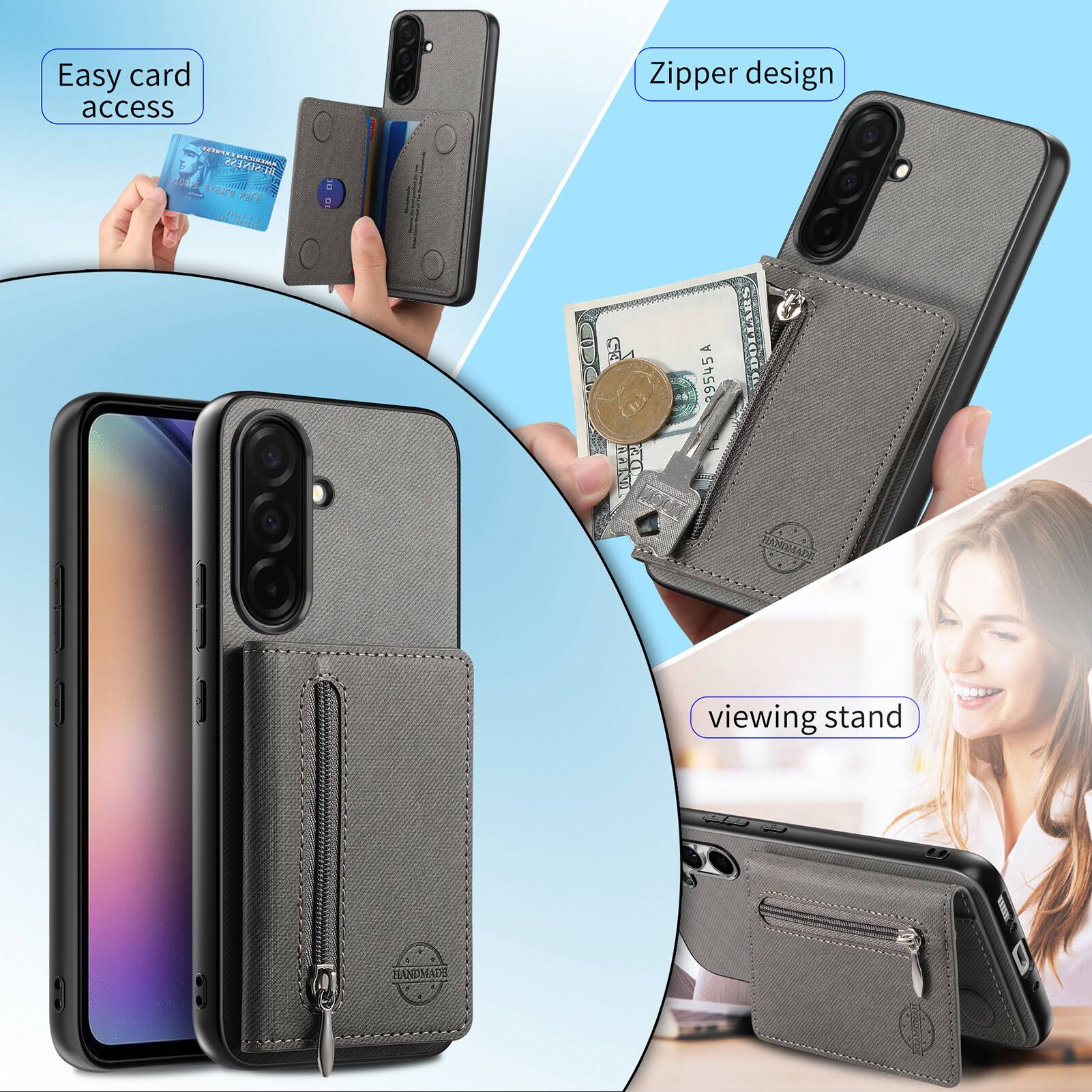 Easy card access  
Zipper design  
REPEERSN PETOE 1 ES dos O Lrees T PNR ad E  
a - E - 9545A DOLCARS  
nintHDMADR  
viewing stand  
ANDMADES