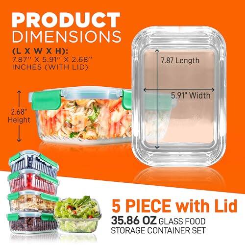PRODUCT DIMENSIONS (L X W X H): 7.87" X 5.91" X 2.68" INCHES (WITH LID)

7.87" Length  
5.91" Width  
2.68" Height  

5 PIECE with Lid  
35.86 OZ GLASS FOOD STORAGE CONTAINER SET