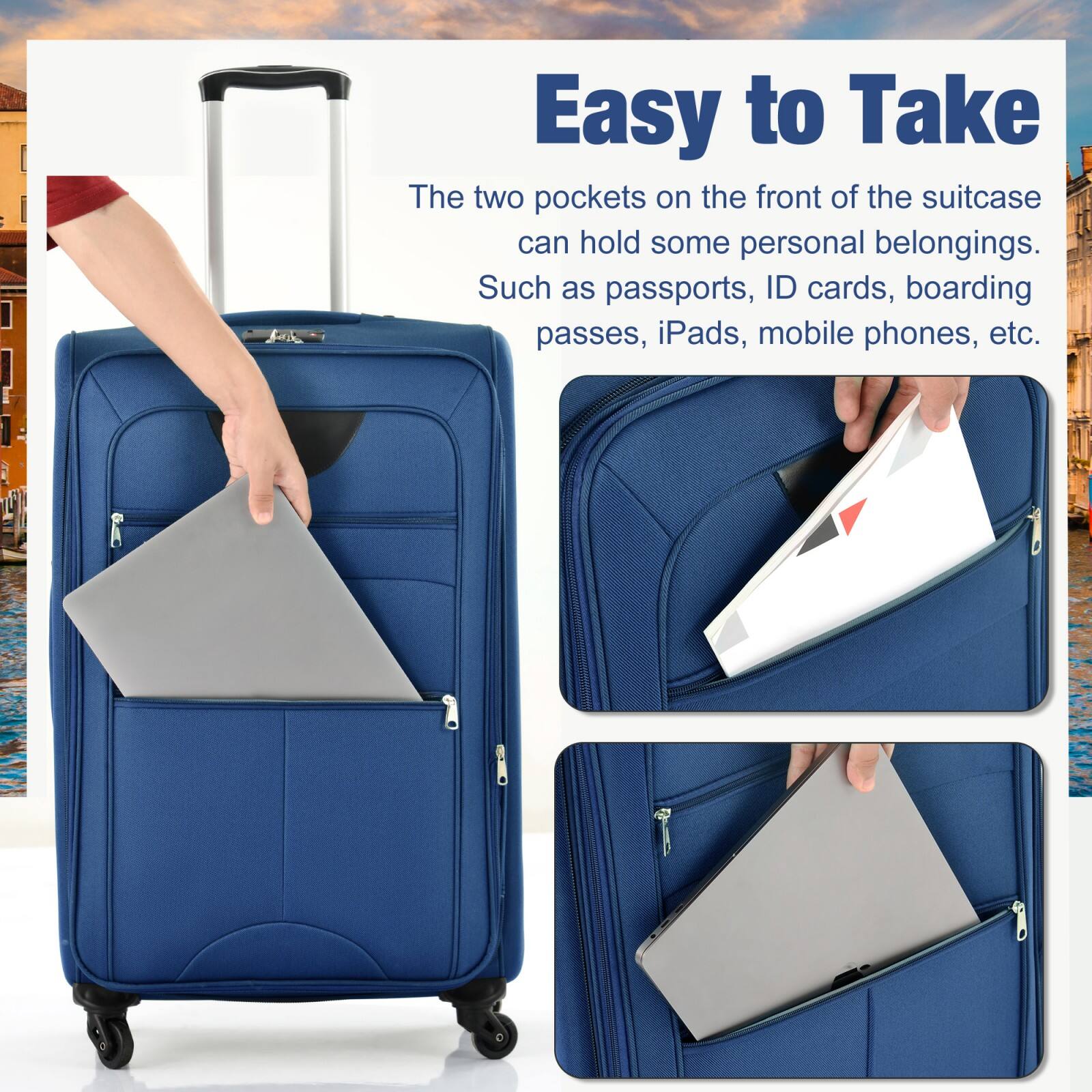 Easy to Take

The two pockets on the front of the suitcase can hold some personal belongings. Such as passports, ID cards, boarding passes, iPads, mobile phones, etc.