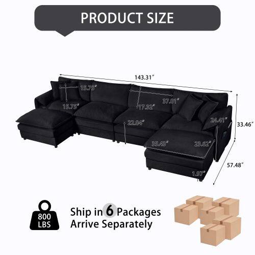 PRODUCT SIZE  
143.31"  
15.75"  
15.75"  
37.01"  
17.32"  
22.80"  
24"  
33.46"  
35.43"  
23.62"  
1.97"  
57.48"  
800 LBS  

Ship in 6 Packages  
Arrive Separately